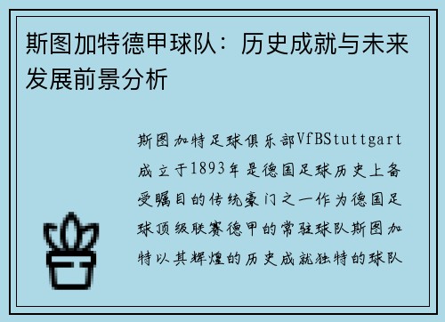 斯图加特德甲球队:历史成就与未来发展前景分析 斯图加特德甲球队:历史成就与未来发展前景分析
